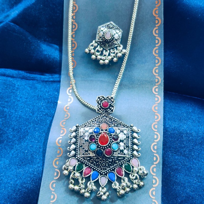 OXIDISED HEXAGON PINK EARING PENDANT SET - Image 2
