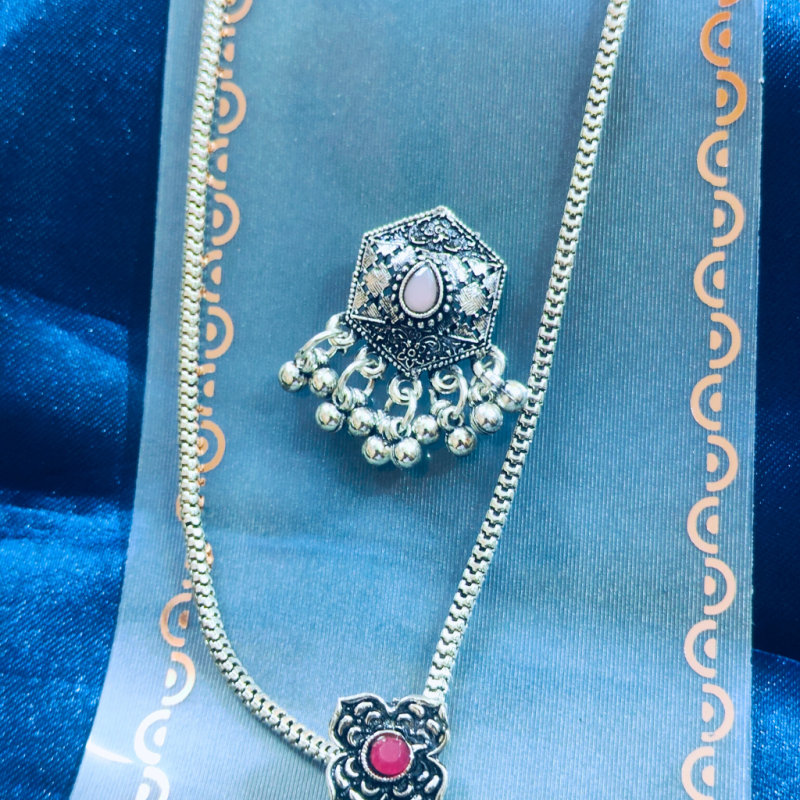 OXIDISED HEXAGON PINK EARING PENDANT SET - Image 3