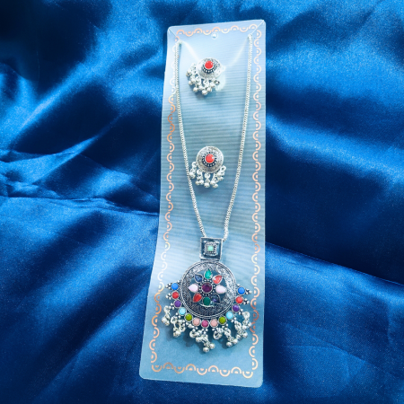OXIDISED CIRCULAR PINK PENDANT SET