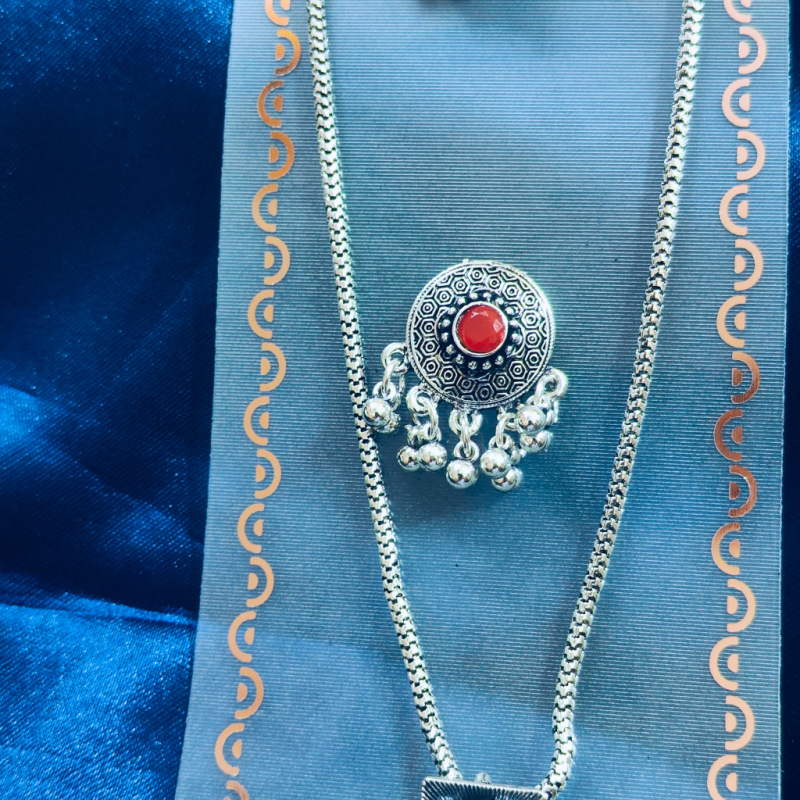 OXIDISED CIRCULAR PINK PENDANT SET - Image 3