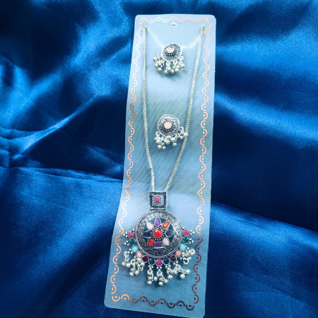 OXIDISED CIRCULAR PEACH PENDANT SET