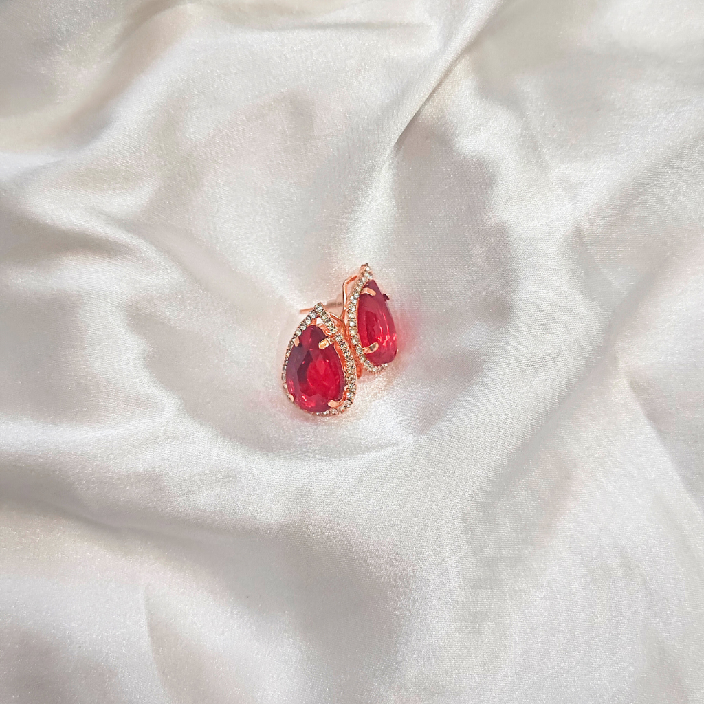 CUBIC ZIRCONIA EARRING -OVAL RED