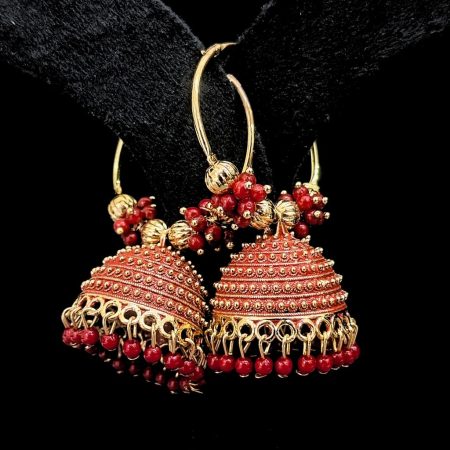 GOLDEN RED ROUND JHUMKI EARRING