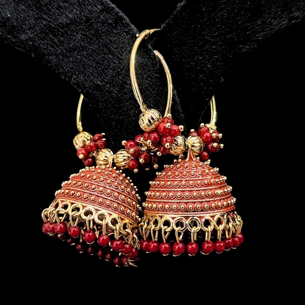 GOLDEN RED ROUND JHUMKI EARRING