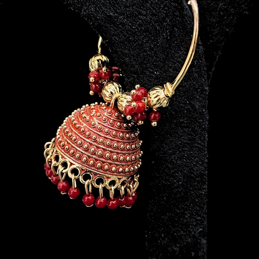 GOLDEN RED ROUND JHUMKI EARRING - Image 2