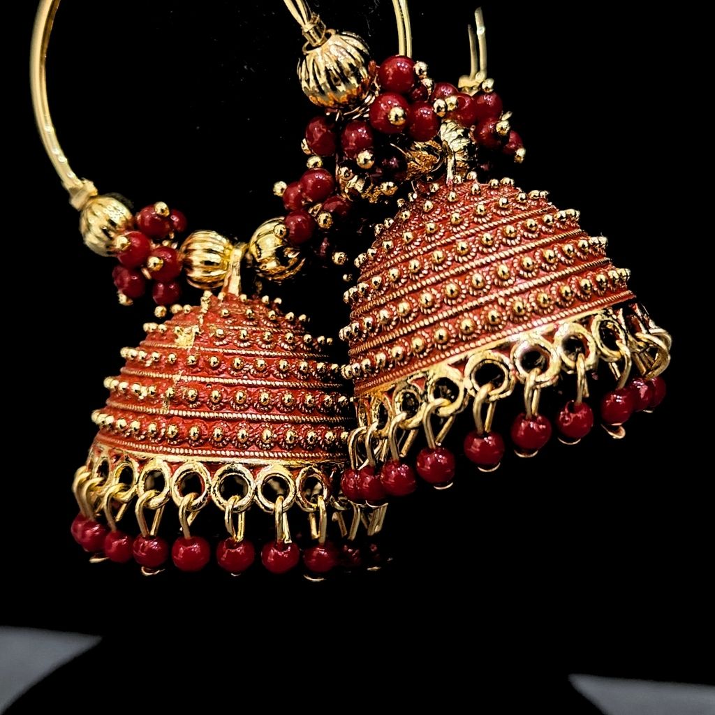 GOLDEN RED ROUND JHUMKI EARRING - Image 3