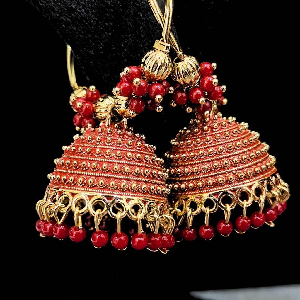 GOLDEN RED ROUND JHUMKI EARRING - Image 4