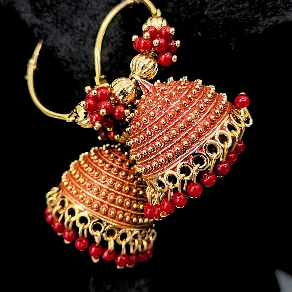 GOLDEN RED ROUND JHUMKI EARRING - Image 5