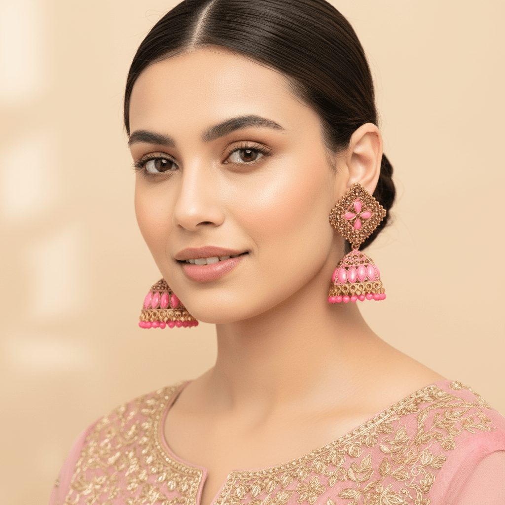 TRIANGLE PINK JHUMKI EARRING