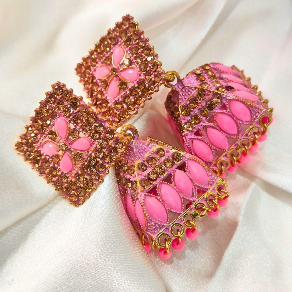 TRIANGLE PINK JHUMKI EARRING - Image 3
