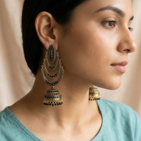 Gloden Black Long Jhumki Earring